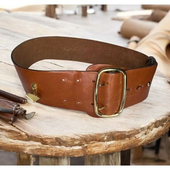 Karl Lagerfeld Accessories - Karl Lagerfeld Vintage Wide Brown Leather Belt With Gold Fan 28-32”
